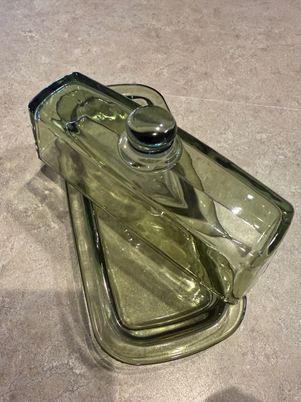 Vintage Butter Dish-Olive Green Glass with Lid